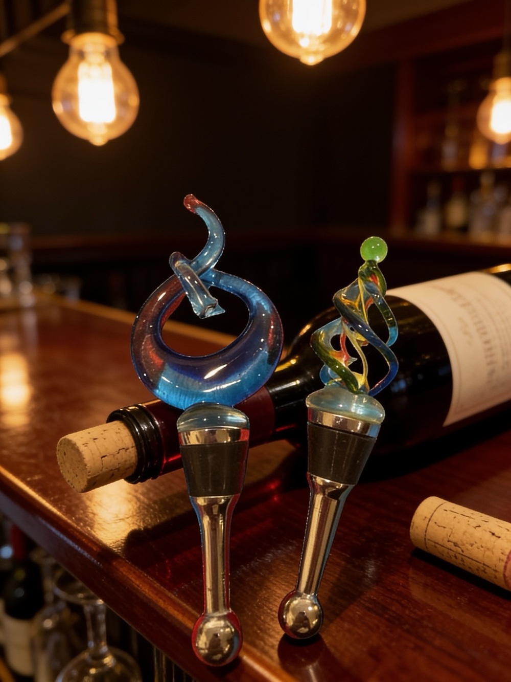 Hand-Blown Blue Glass Wine Bottle Stoppers — Set of 2